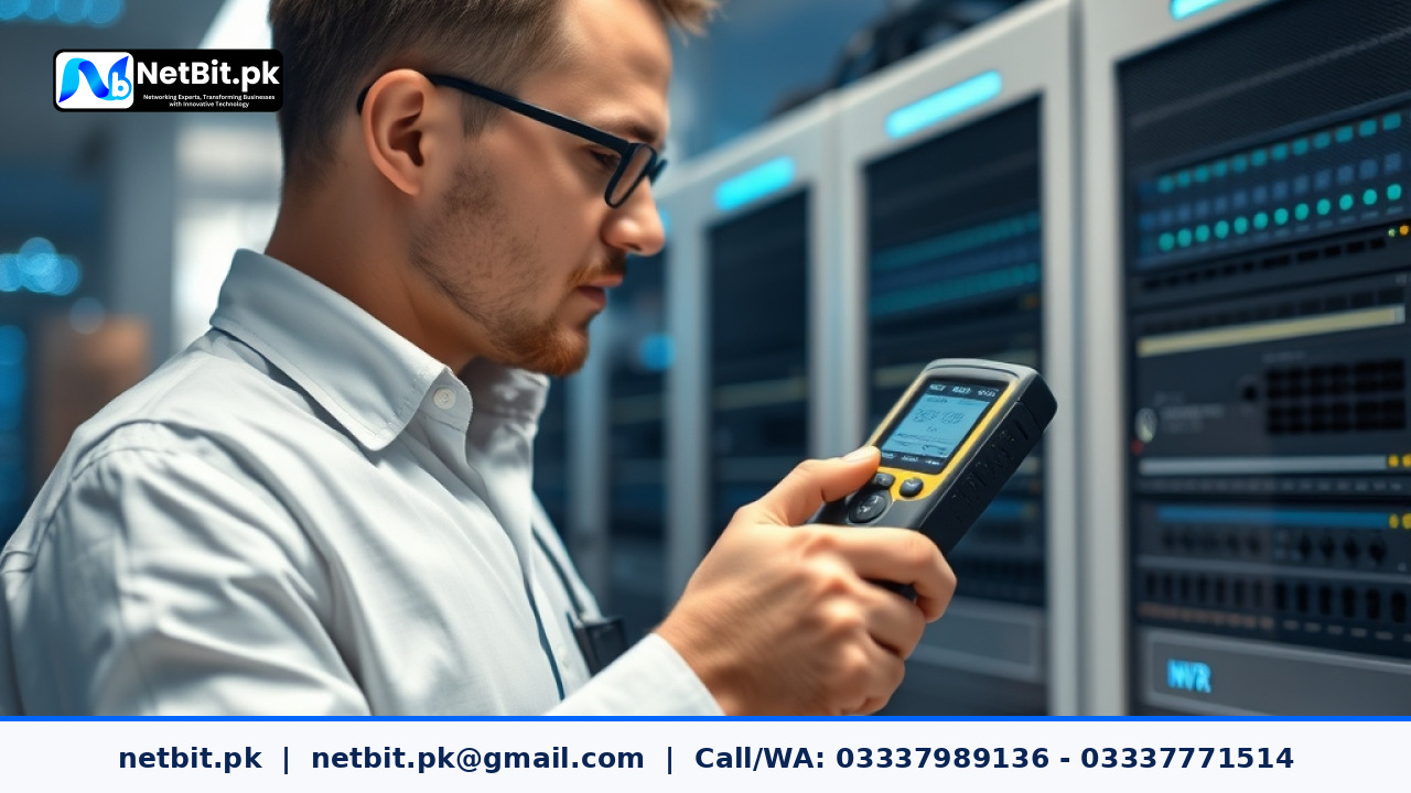 A professional technician testing network equipment for a CCTV security system installation in a modern office environment.