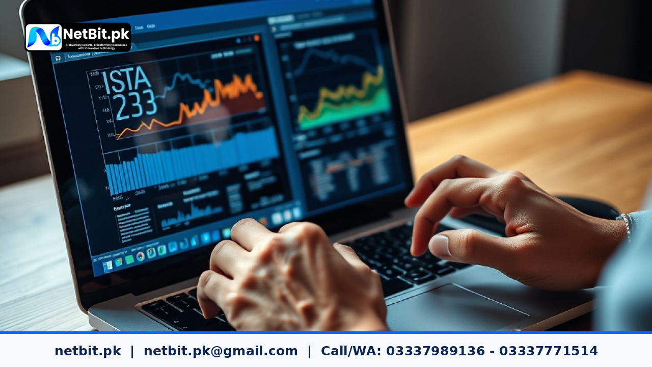 Close-up of a technician analyzing network ping metrics on a laptop screen connected via ethernet cable | NetBit Software House and Technology | netbit.pk