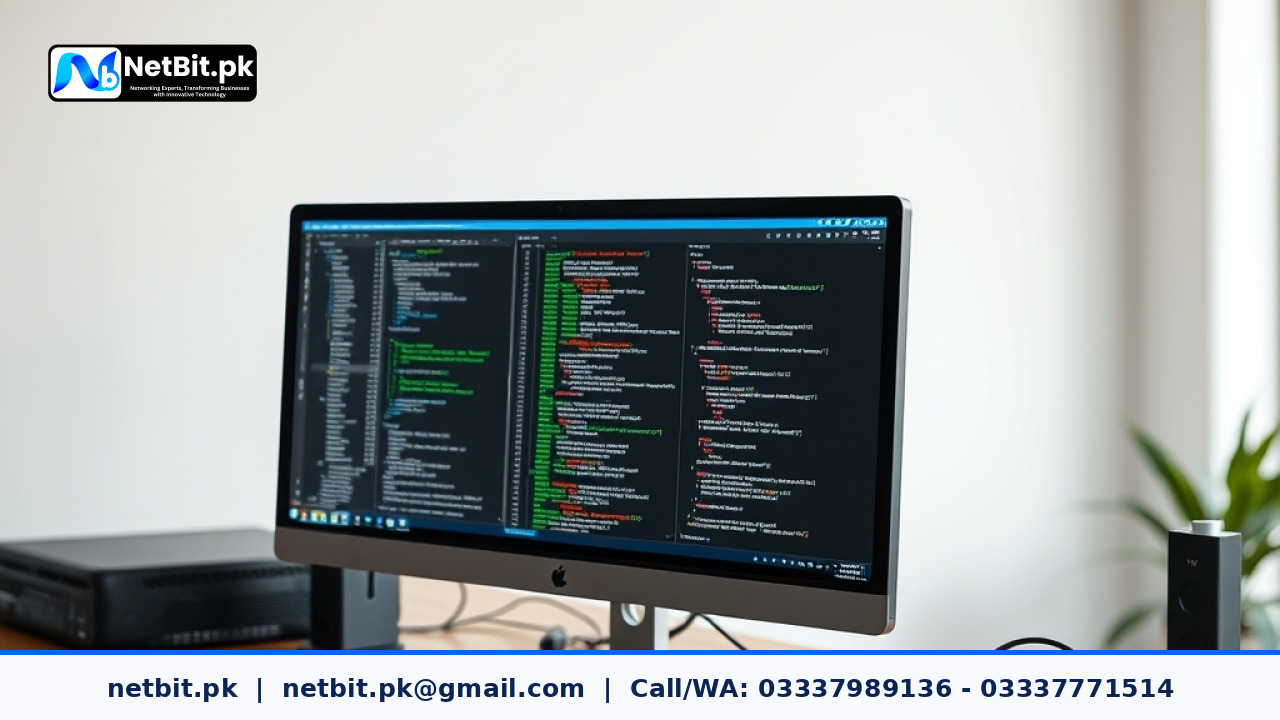 Professional software developer writing clean code on a dual monitor workstation in a modern office