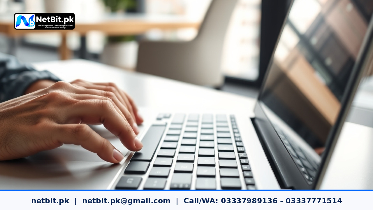 Developer working on business AI agent configuration code on a laptop | NetBit Software House and Technology | netbit.pk