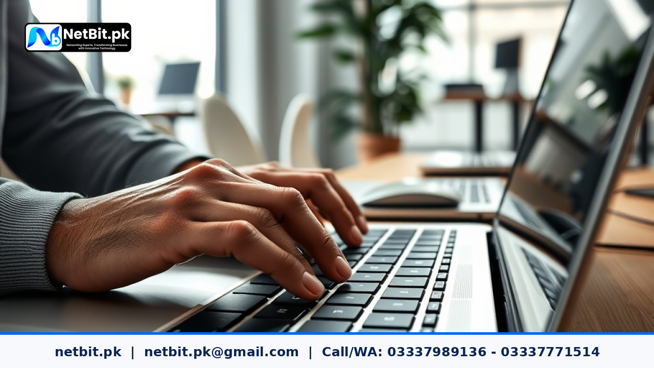 Professional working on a laptop writing digital marketing content | NetBit Software House and Technology | netbit.pk