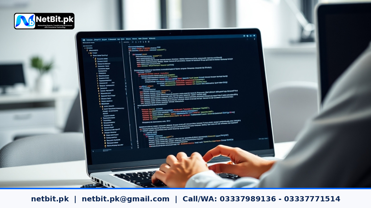 A developer working on technical SEO configurations and XML sitemaps on a laptop in a modern office | NetBit Software House and Technology | netbit.pk