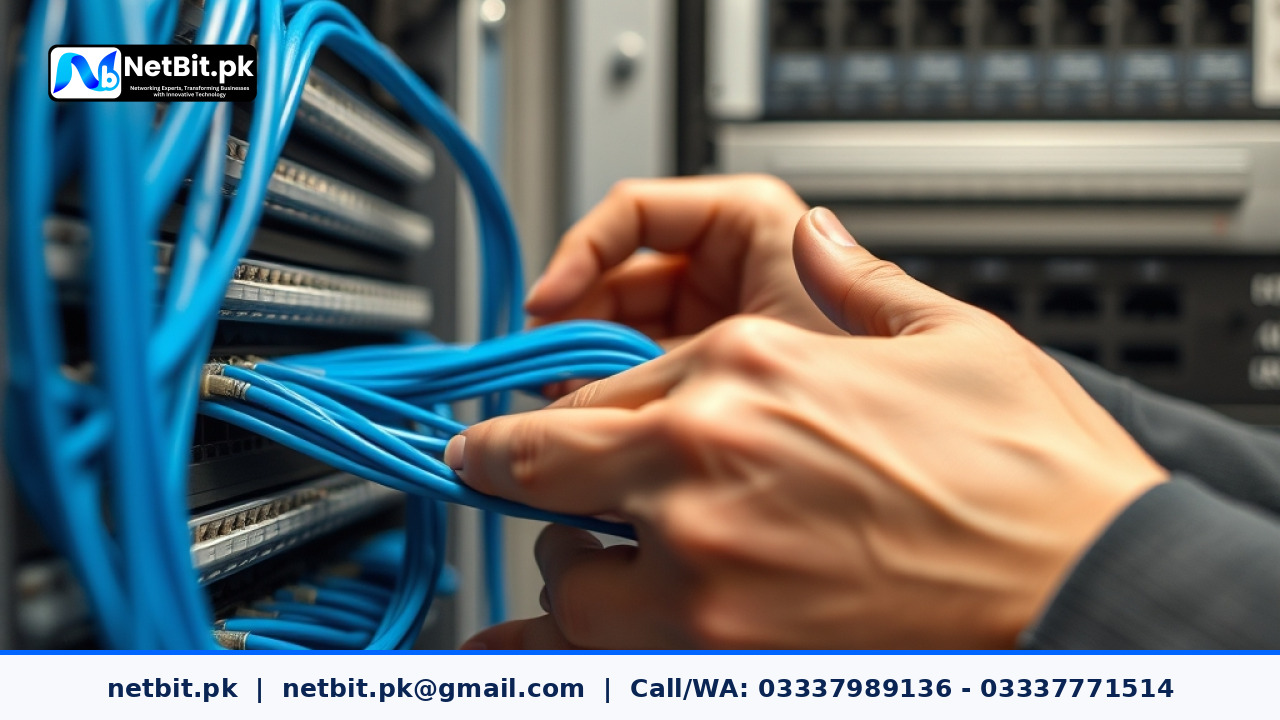 IT technician inspecting clean network switches and Cat6 cables inside a server rack | NetBit Software House and Technology | netbit.pk