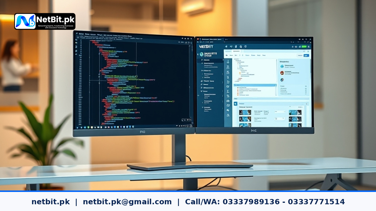 A professional software developer setting up a clean maintenance page configuration on a computer screen in a modern office.