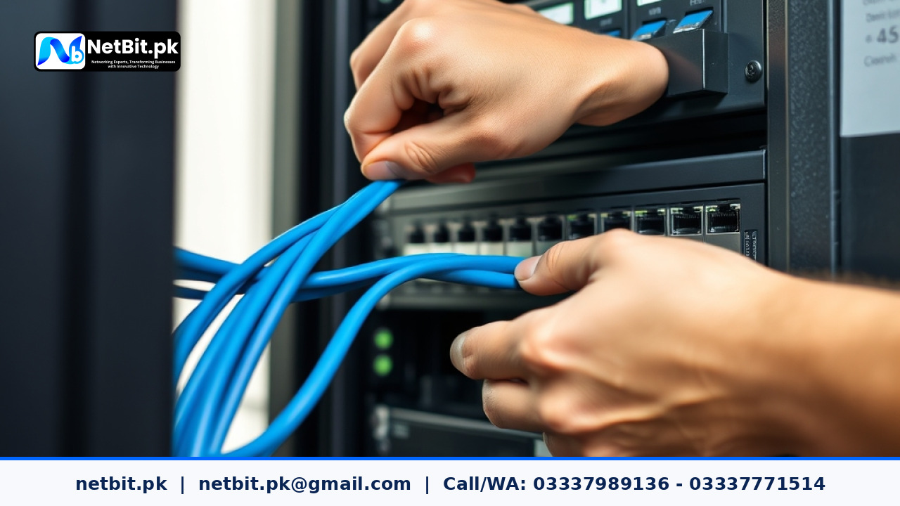 IT technician working on a structured server rack with Cat6 patch cables and managed switches in an office server room