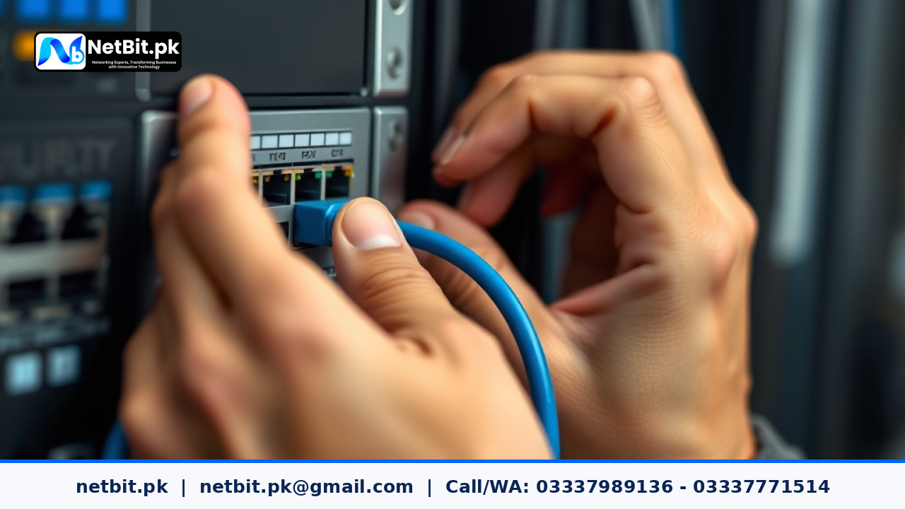 IT support technician performing routine maintenance on office network patch panel and workstation hardware