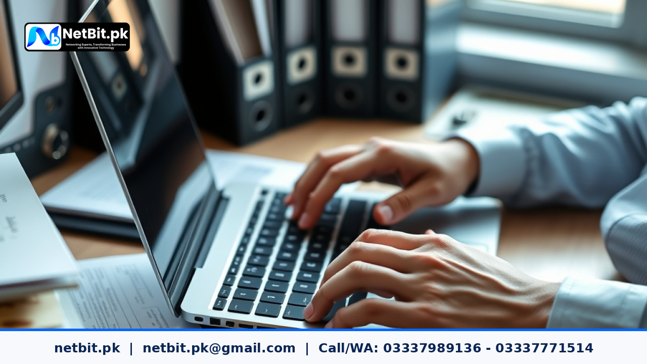 A professional office worker reviewing automated document routing workflows on a modern laptop at a tidy desk. | NetBit Software House and Technology | netbit.pk