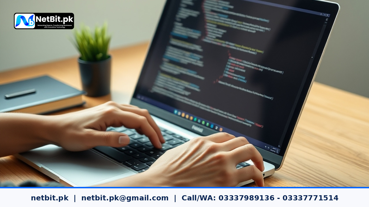 A modern laptop displaying web development workspace and business software layouts on a desk. | NetBit Software House and Technology | netbit.pk