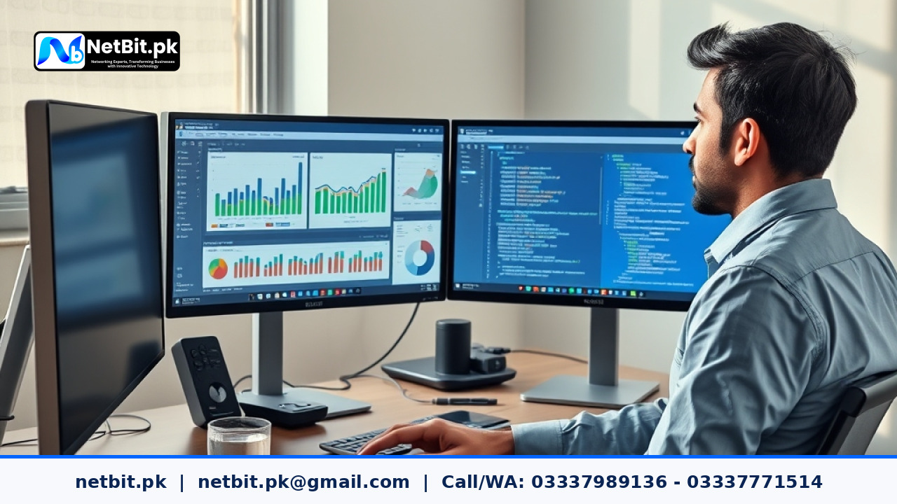A professional web developer analyzing website performance metrics and clean code structure on dual desktop monitors in a modern office.