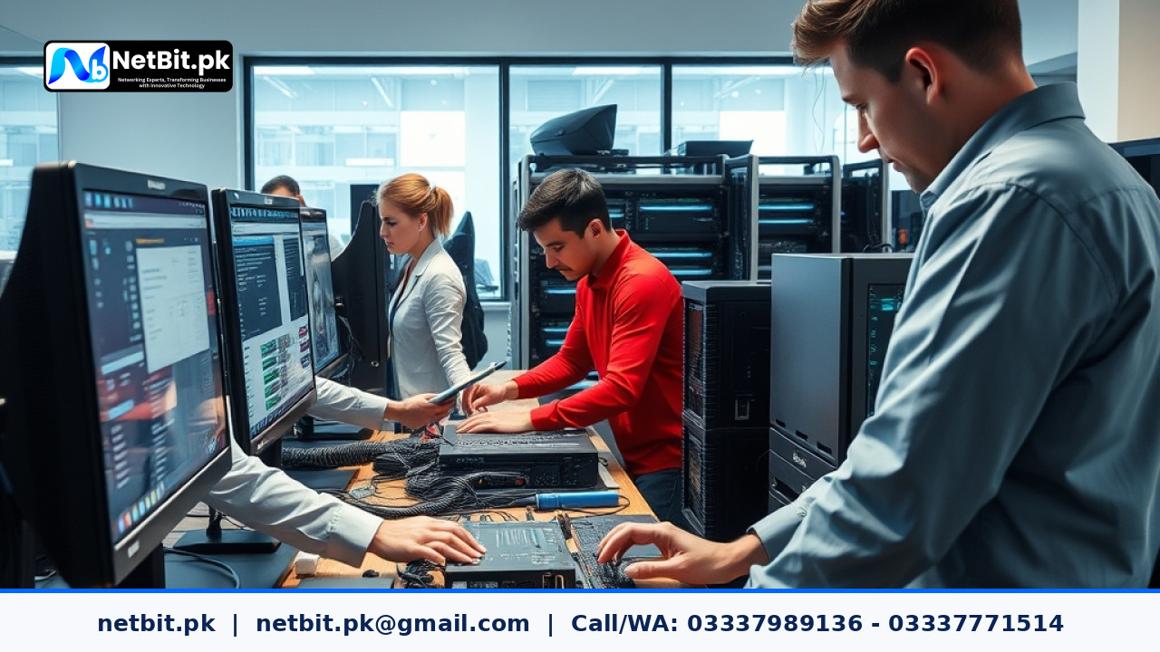 Engineers working on custom hardware and software integration projects in a modern technology office