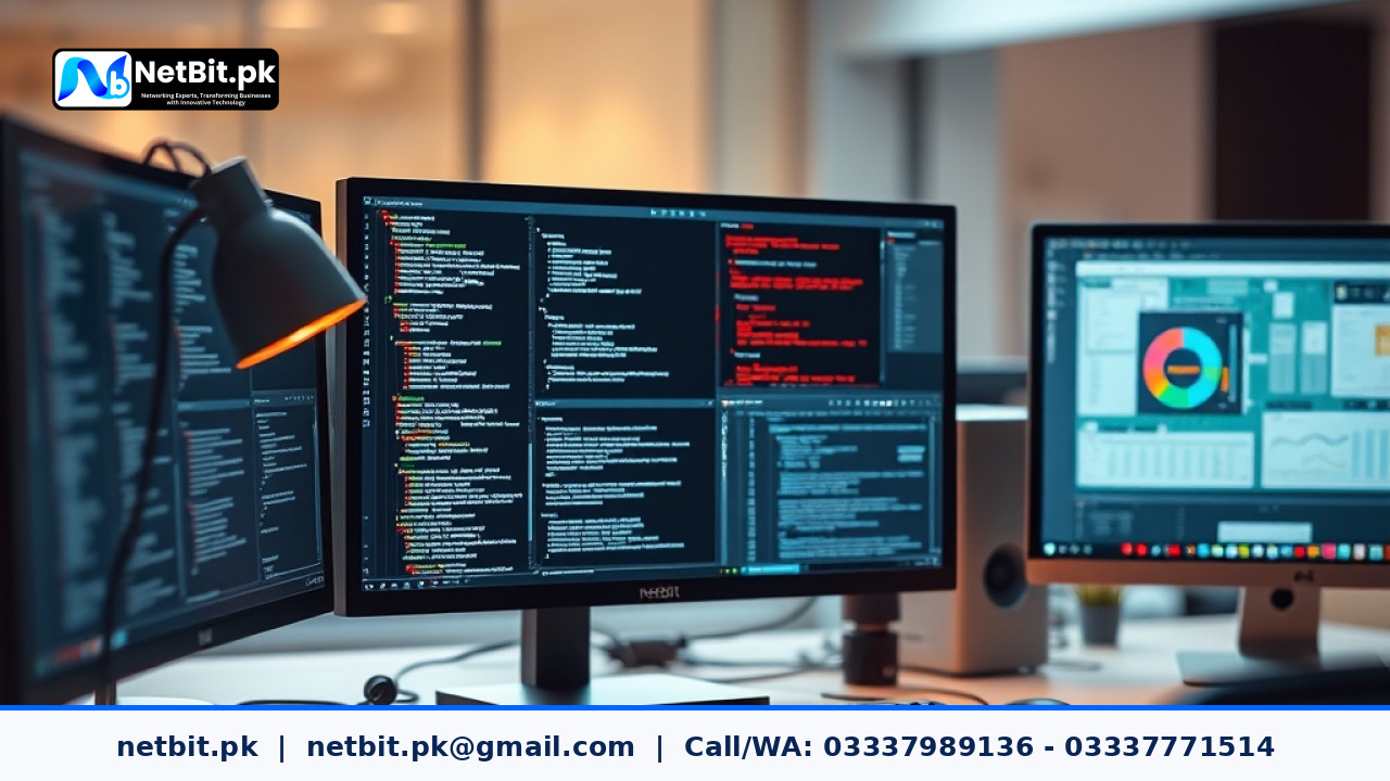 Clean modern office desk setup with multiple monitors displaying software development code and architectural diagrams