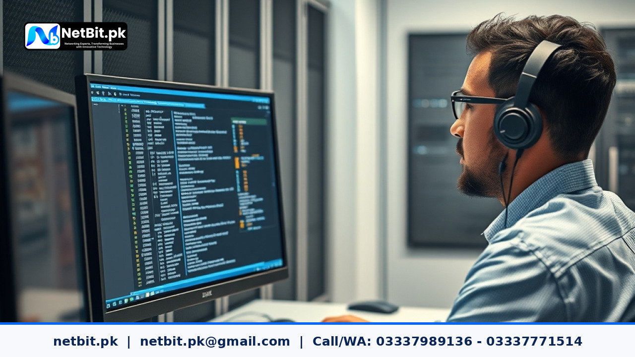 IT professional reviewing automated configuration audit reports on dual monitors in a modern server room.