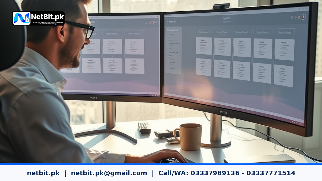 A modern professional reviewing automated digital document approval workflows on desktop monitors in a brightly lit clean office environment.