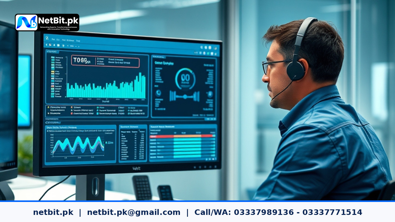 Professional IT technician reviewing automated patch management dashboards on dual monitors in a modern office