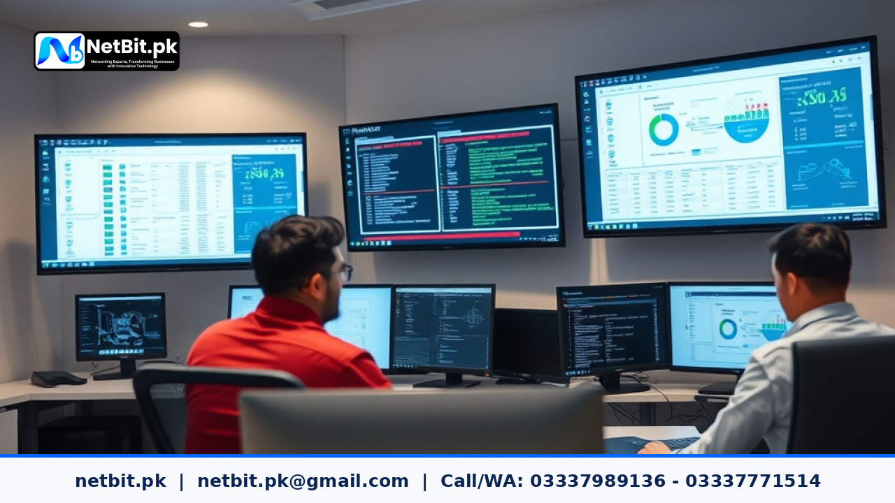 Professional IT engineers reviewing software deployment pipelines on multiple monitors in a modern server environment.