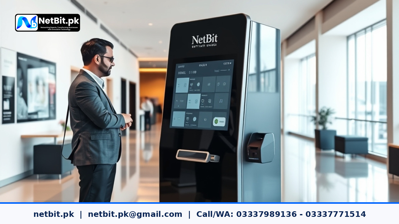 Modern self-service touchscreen kiosk station inside a clean commercial facility