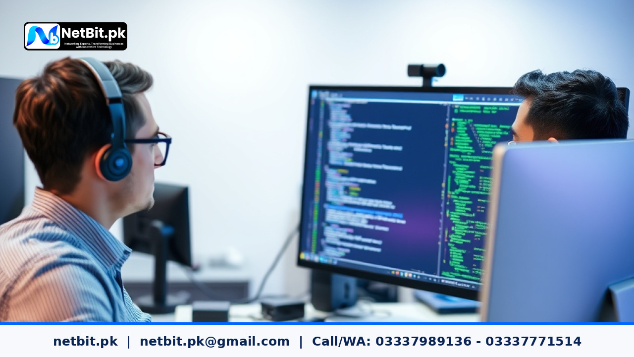 Software developers collaborating in a modern office environment on software development projects