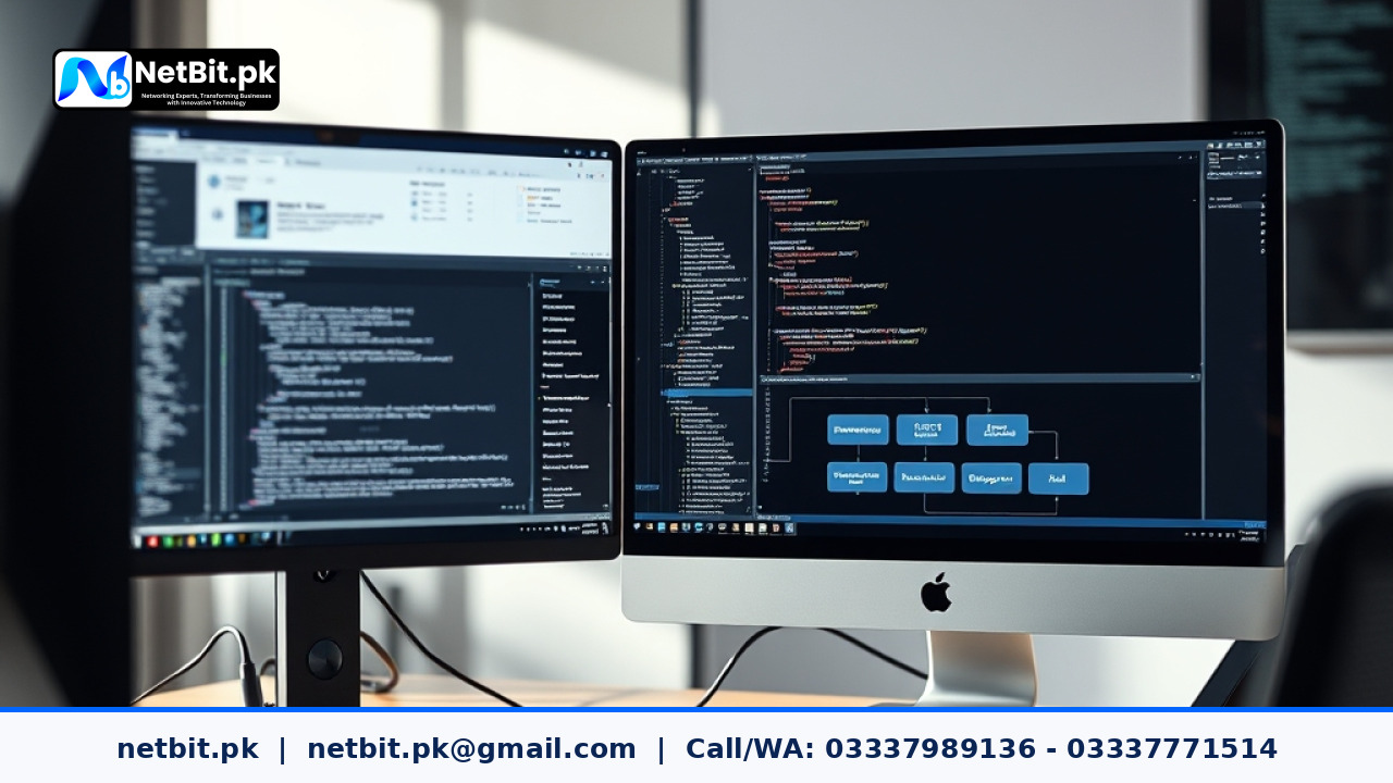 Professional office environment showing software development and customer support automation workflows on dual monitors.