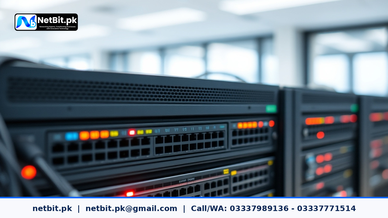 Modern office network equipment and routers in a clean server rack setup