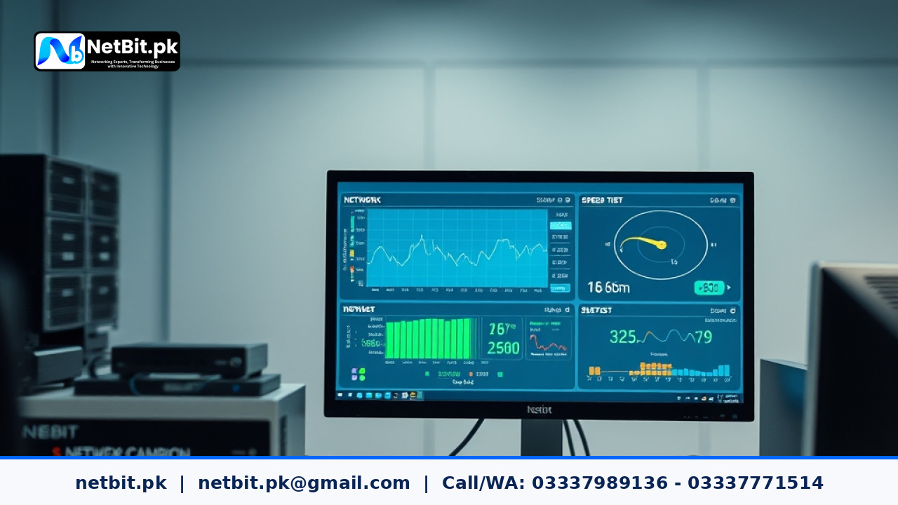 IT professional analyzing network performance charts and speed test data on a modern office computer monitor