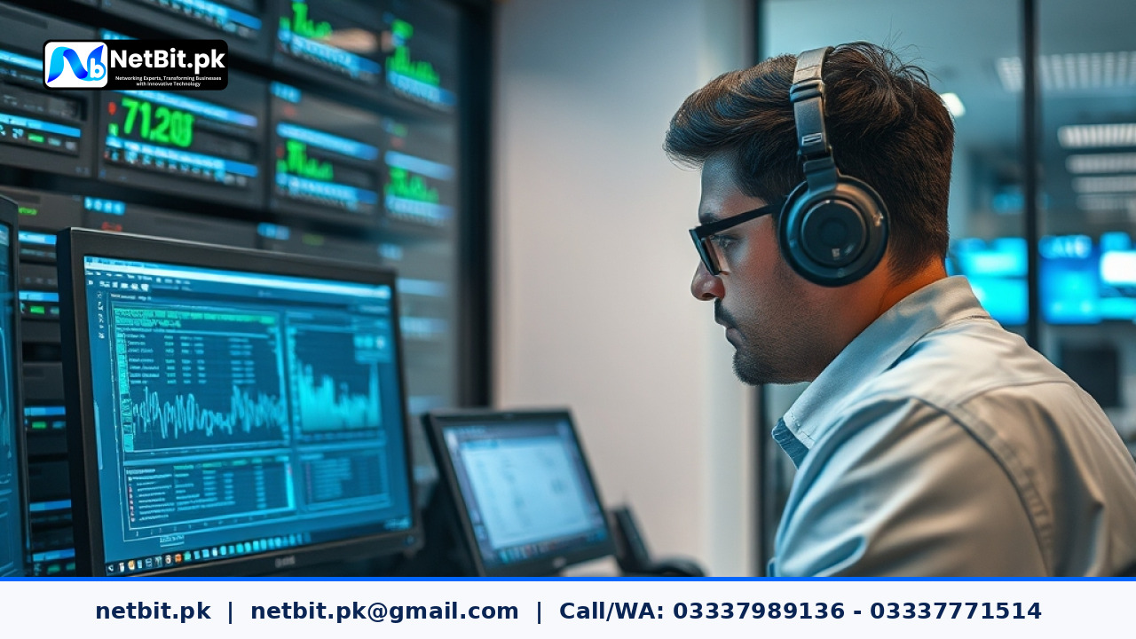 Professional IT administrator conducting a network performance audit using a laptop in a modern office environment.