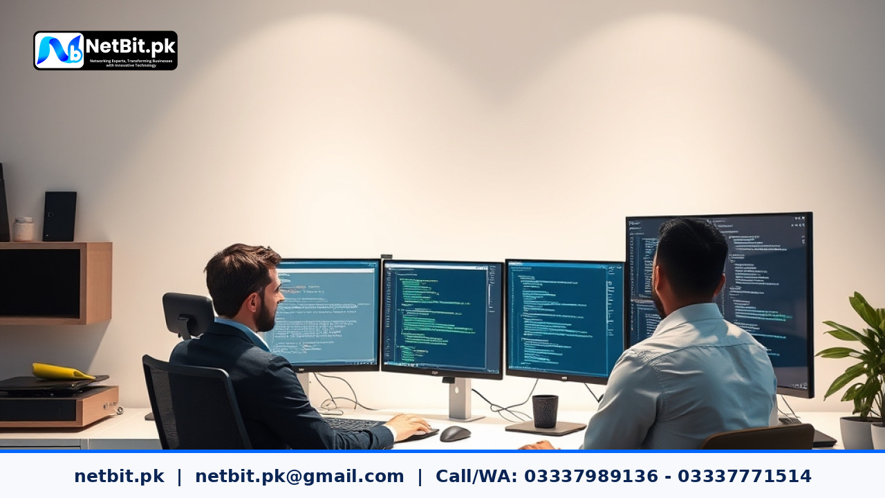 Professional software development team working on modern containerized applications in a tech office