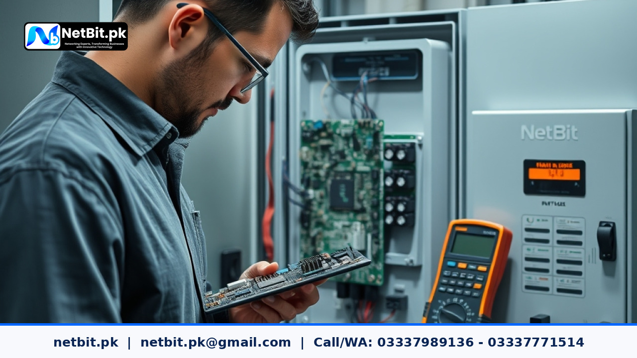 Engineers testing custom IoT sensor hardware connected to a commercial electrical panel in a well-lit workshop.