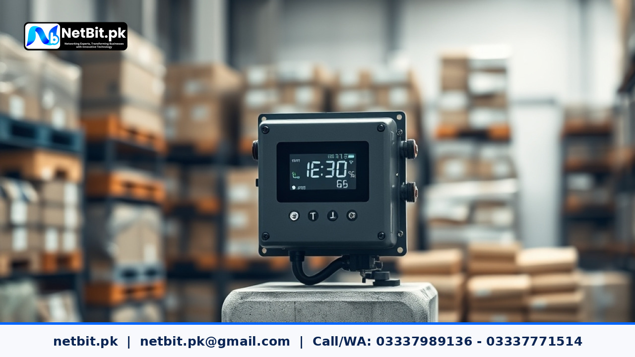 A modern warehouse interior with a small custom smart monitoring device mounted on a wall bracket, displaying a simple digital temperature reading.