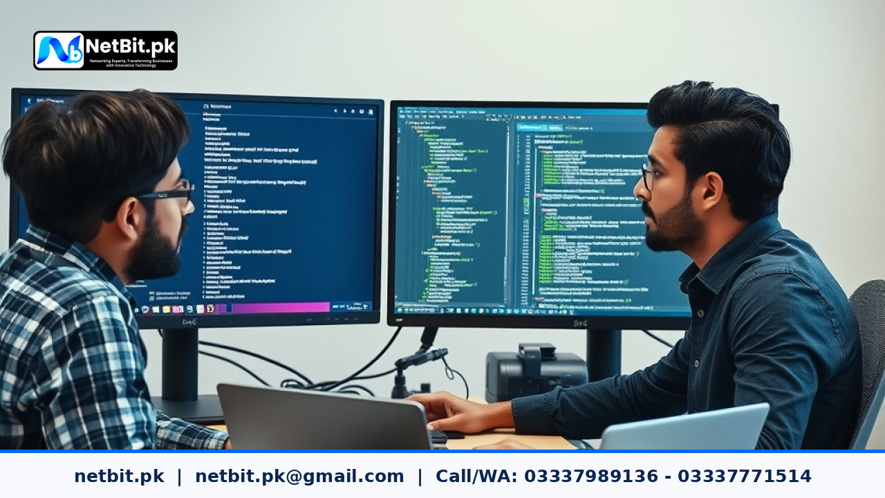 Software developers reviewing code dependencies and build pipeline metrics on office monitors in a modern development studio.