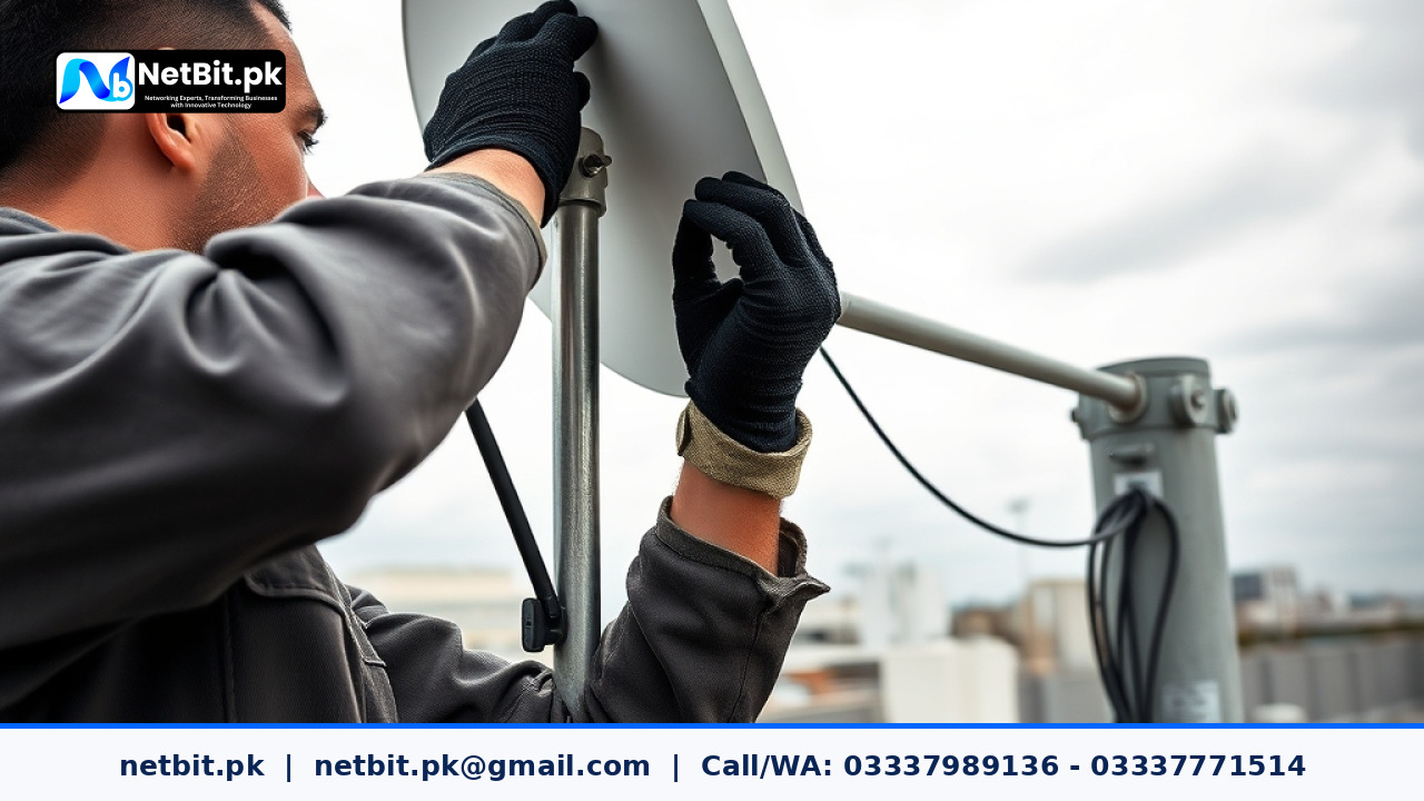 Network technician adjusting an outdoor wireless dish antenna on a roof mast | NetBit Software House and Technology | netbit.pk