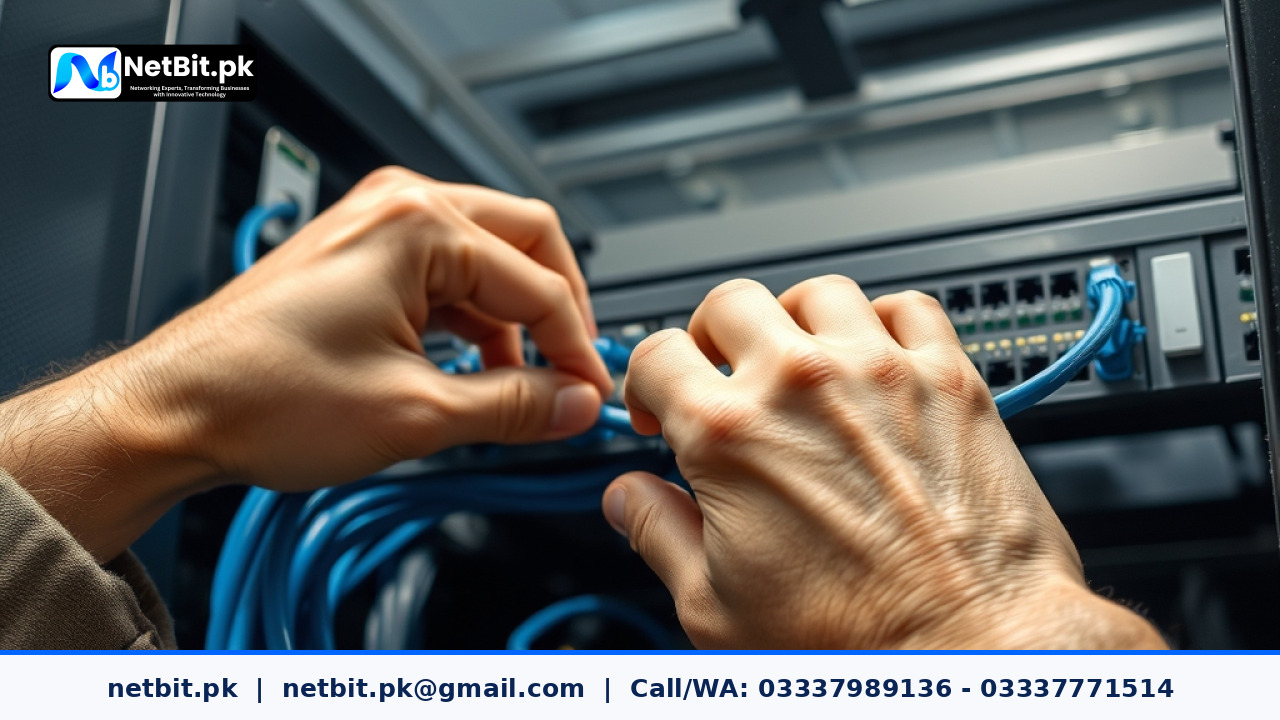 Professional IT technician terminating Cat6 cables in an office network rack