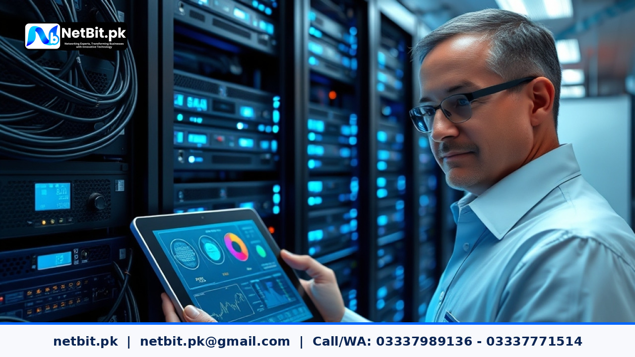 Clean server room rack equipped with digital environmental temperature sensors and organized ethernet cabling.