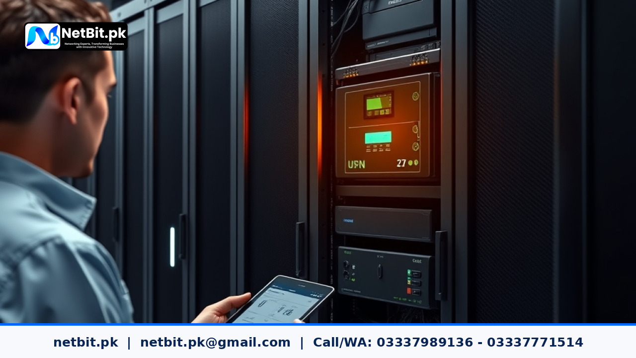 A professional technician checking a rackmount UPS system in a modern server room.
