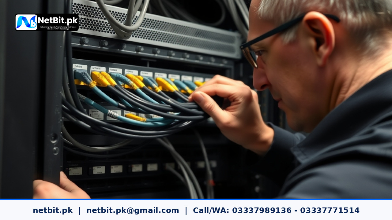 A network engineer plugging fiber optic patch cords into a rack-mounted managed switch inside a server cabinet.