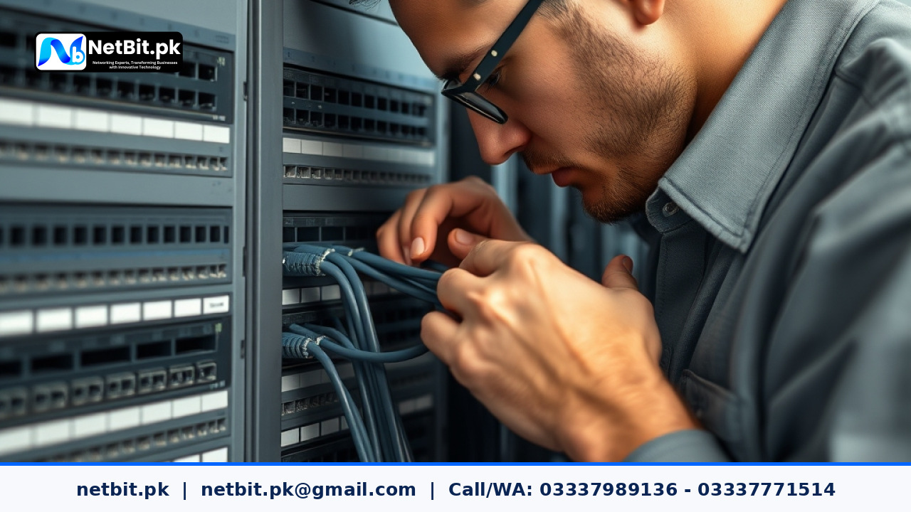 IT technician organizing network patch cables and switches in an office rack