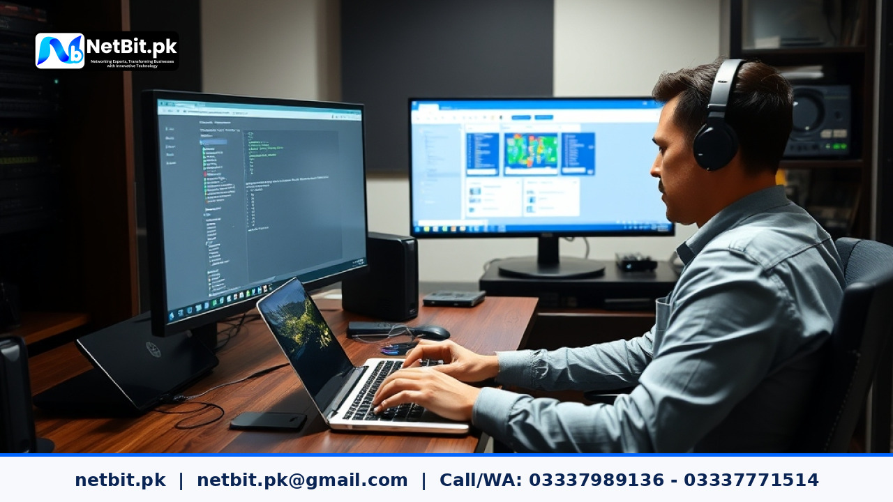 IT technician reviewing system deployment logs on a laptop in an office network environment