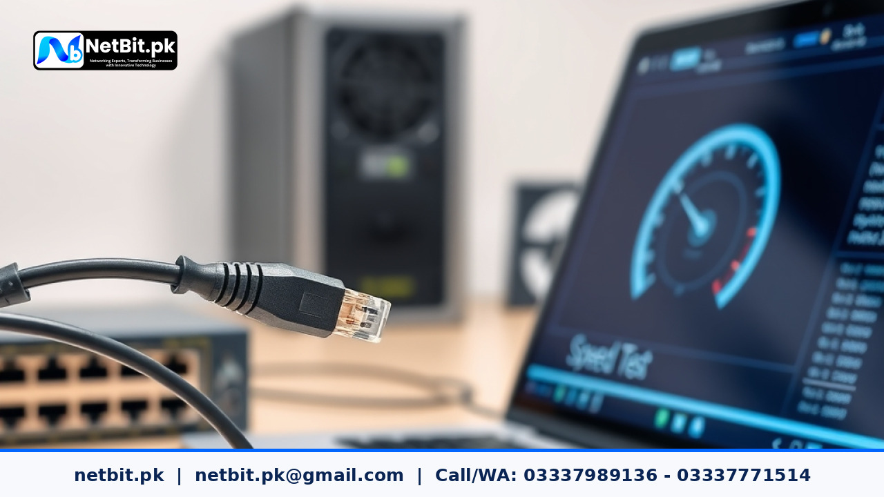 A technician connecting a Cat6 cable to a laptop to perform a professional internet speed test in a modern office.