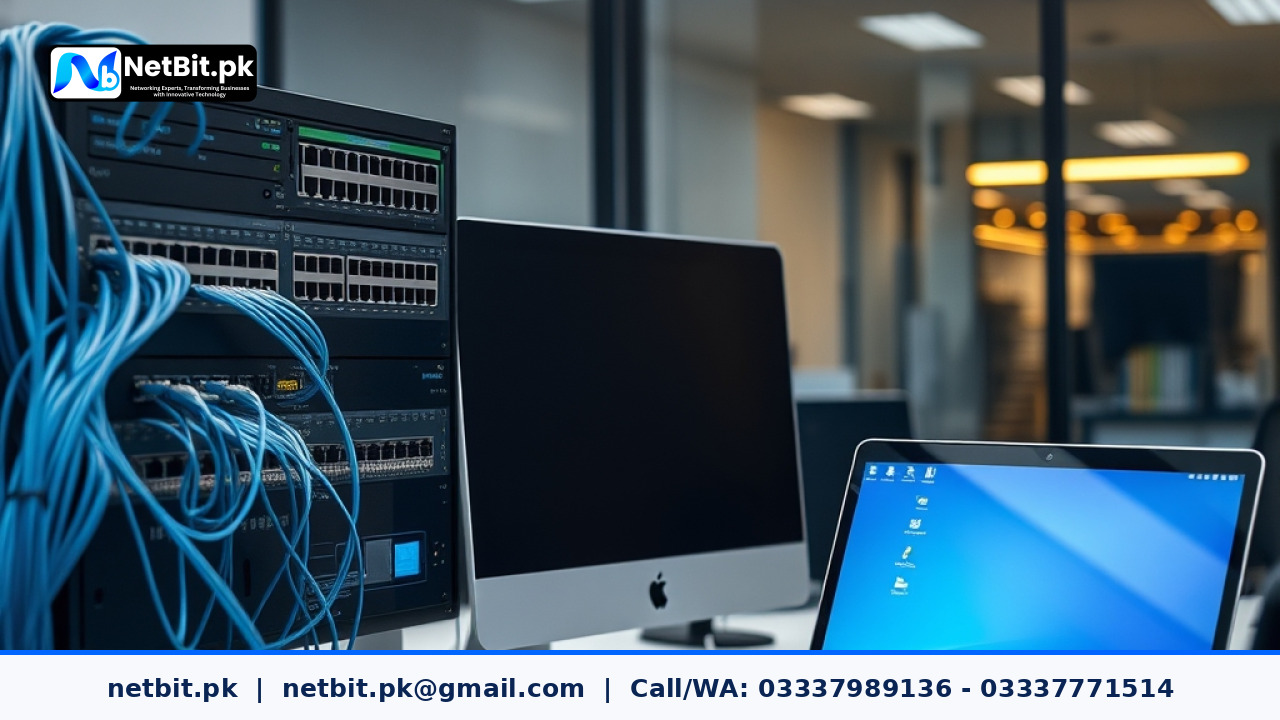 Modern office network equipment including network switches and data cables in a professional server room.