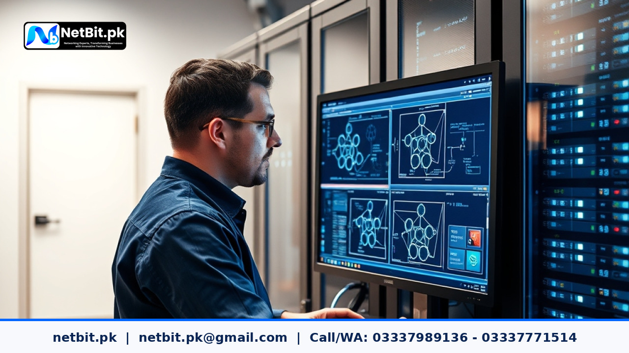 Network administrator configuring router settings and checking DHCP lease tables on a computer screen in a modern office