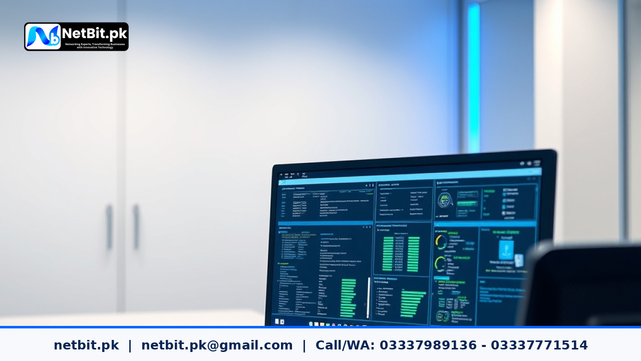 Network administrator reviewing router configuration settings on dual monitors in a modern office