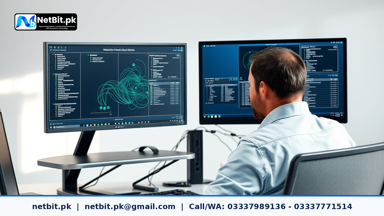 Network administrator reviewing router configuration tables and static route metrics on a dual monitor workstation in a modern office