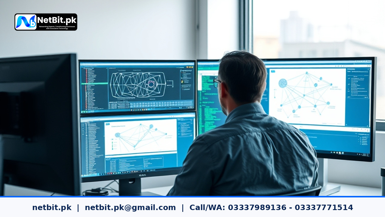 Network administrator reviewing subnet configurations and routing rules on dual computer monitors in a modern office.