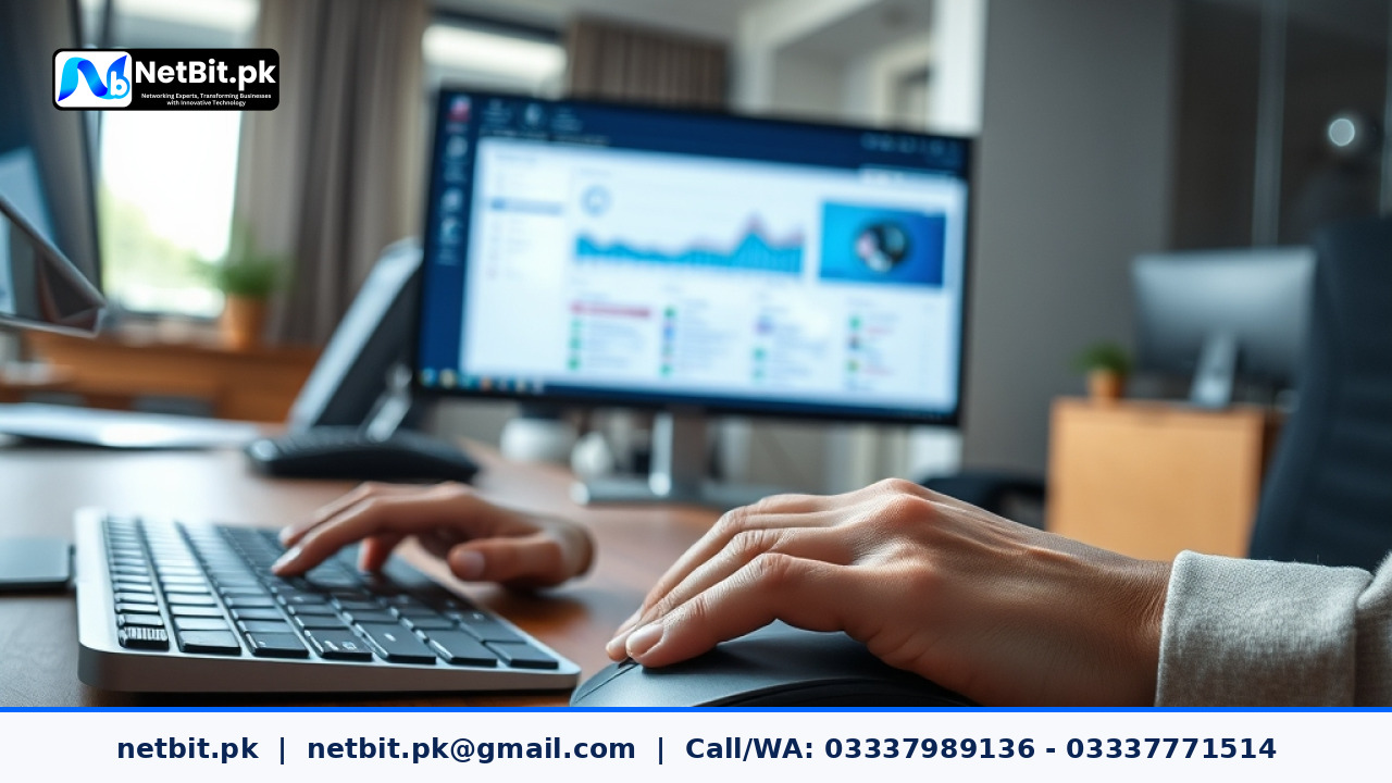 Office administrator reviewing automated approval workflow software on an office workstation screen | NetBit Software House and Technology | netbit.pk