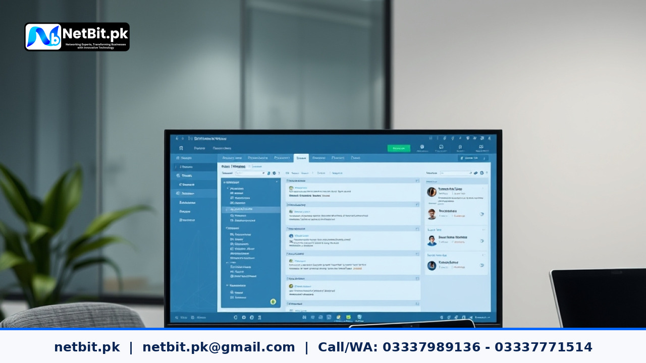 Office automation software dashboard displayed on a modern desktop computer screen in a professional workspace