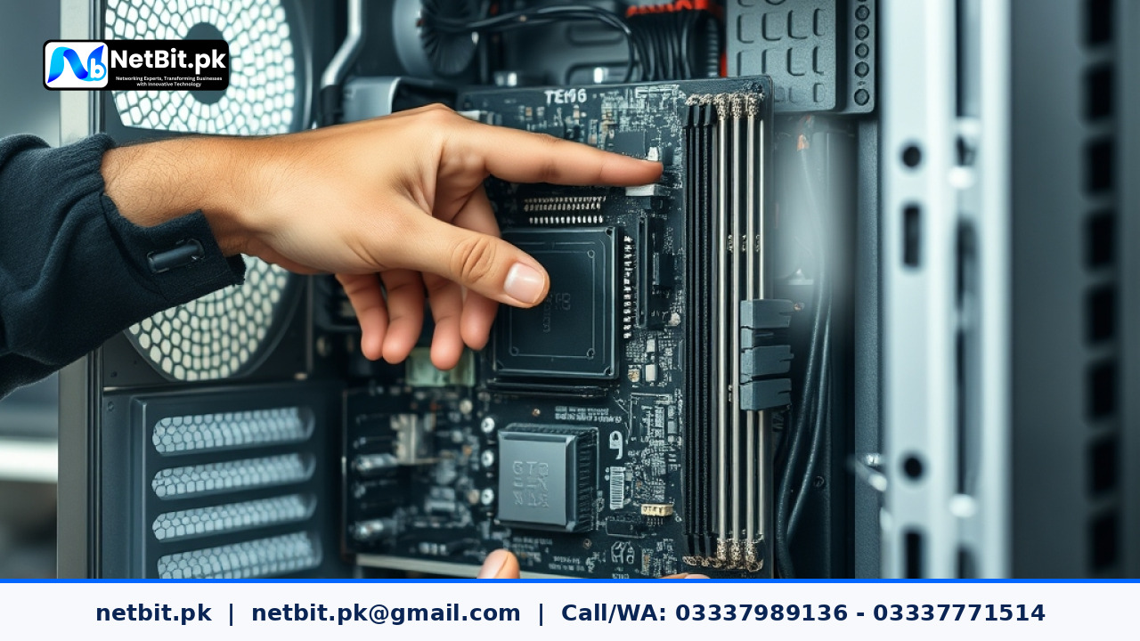 Close-up of a professional technician cleaning a computer workstation