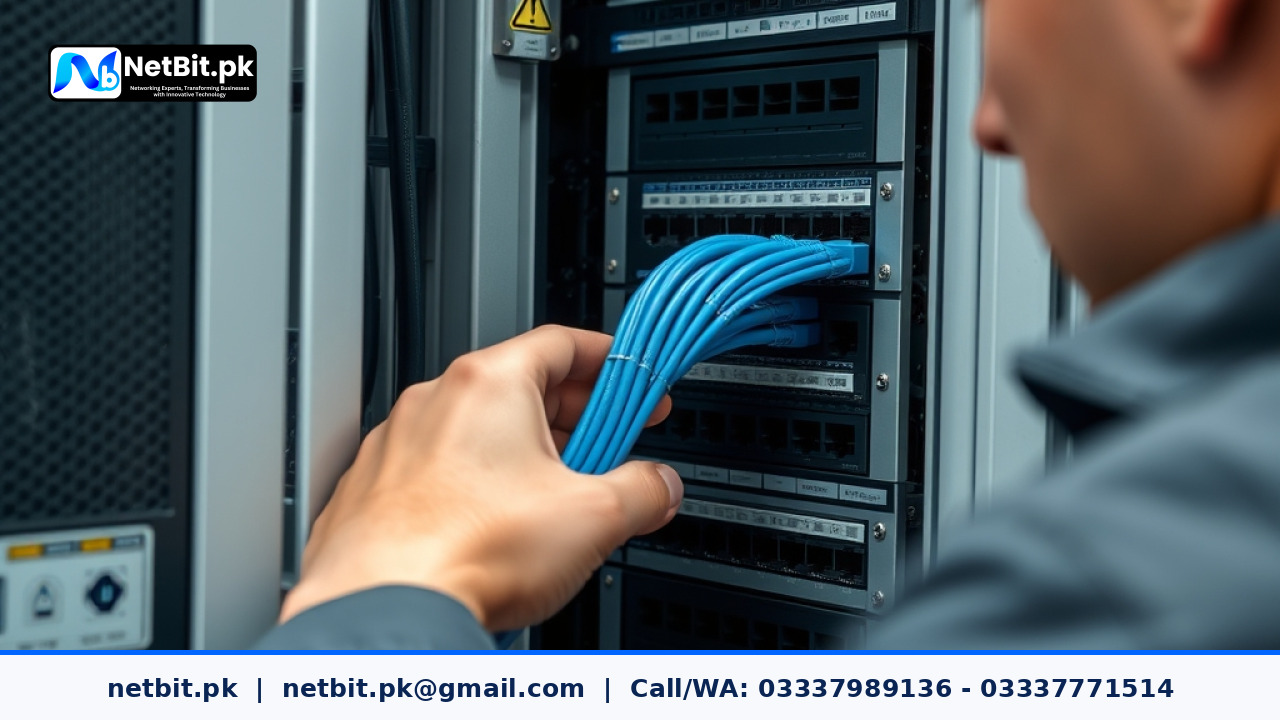 IT technician terminating a Cat6 network cable into a patch panel inside a clean server rack