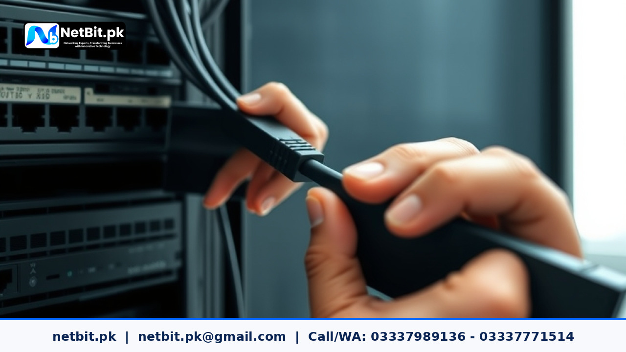Network technician inspecting structured Cat6 cables and network switches in a commercial server rack room