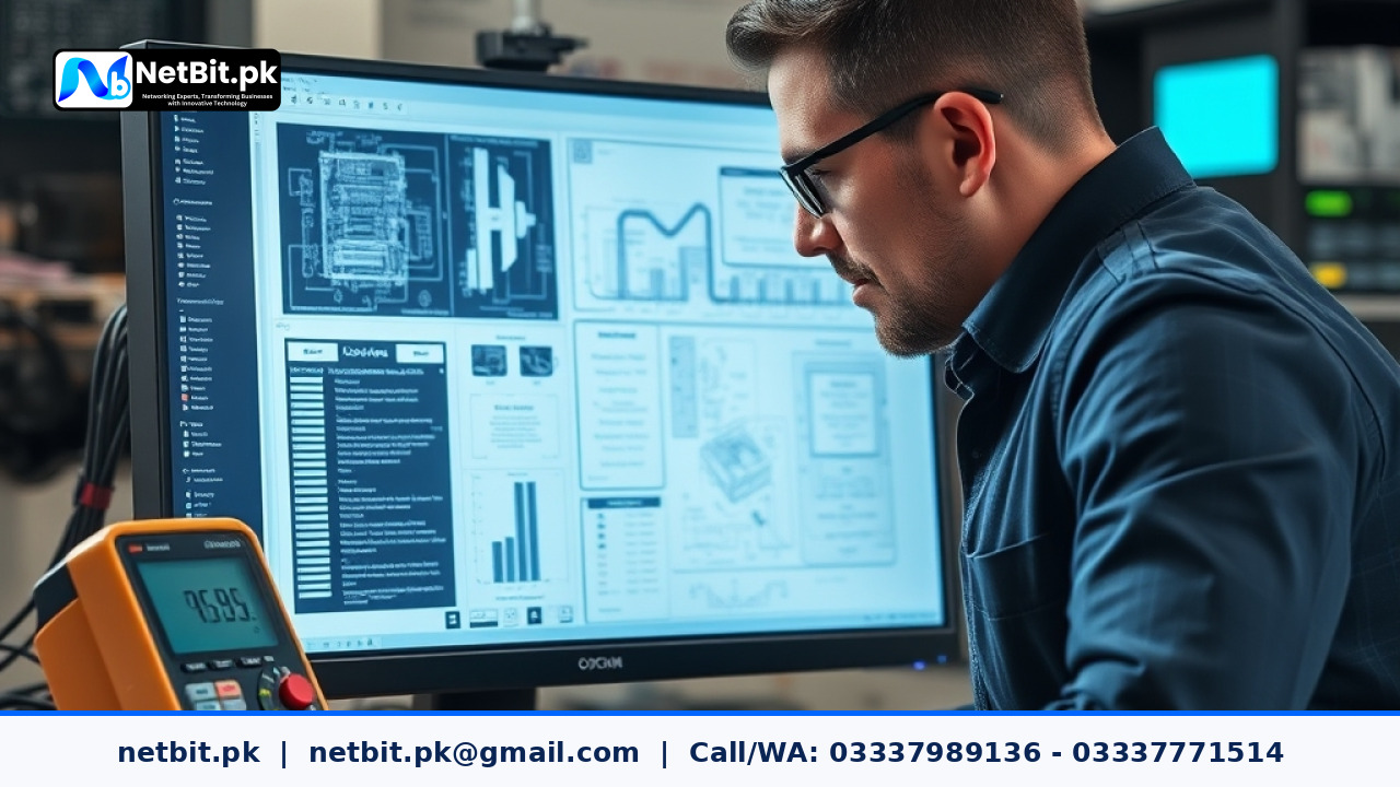 Engineer reviewing custom hardware schematics and circuit diagrams on a modern desk setup