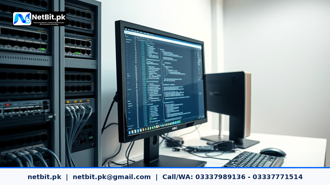 Professional technicians working on hardware synchronization and software configuration at NetBit tech and software house