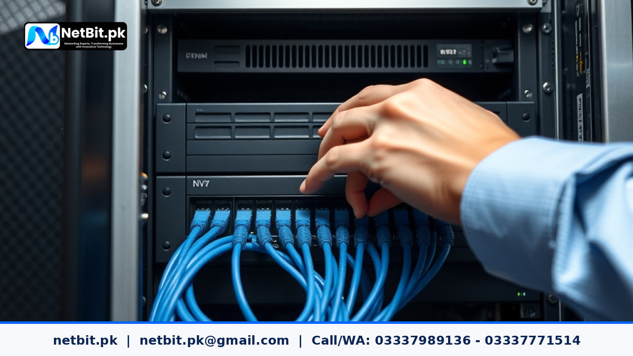 Technician configuring a rack-mounted Network Video Recorder with Cat6 Ethernet patch cords plugged into an optical switch.
